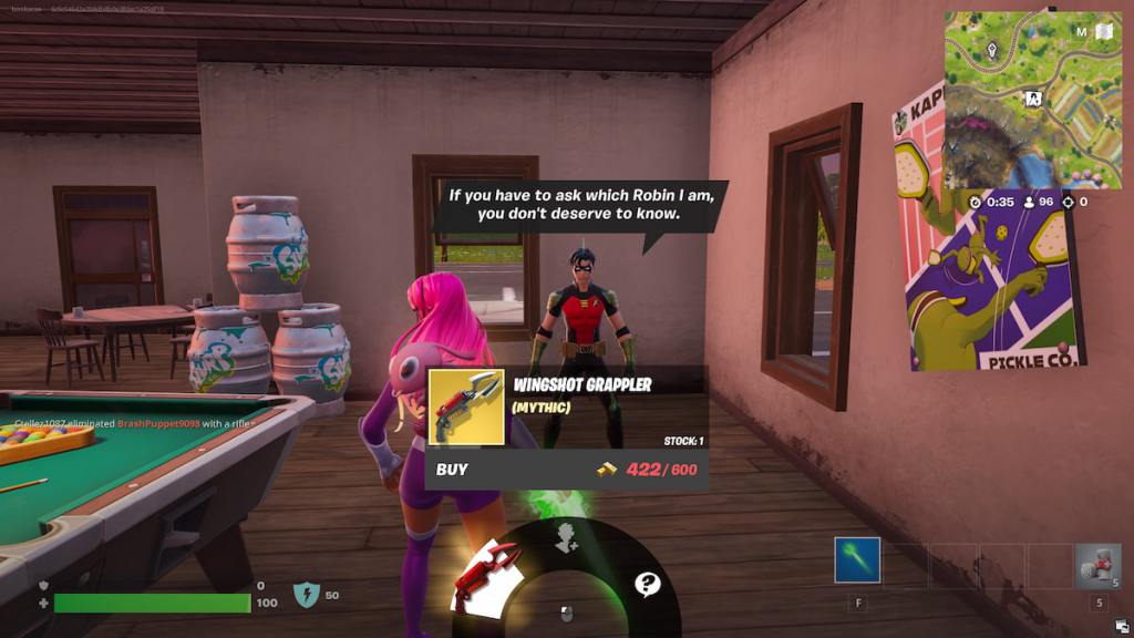 Starfire talking to Robin and looking at his item stock including the Wingshot Grappler in Fortnite