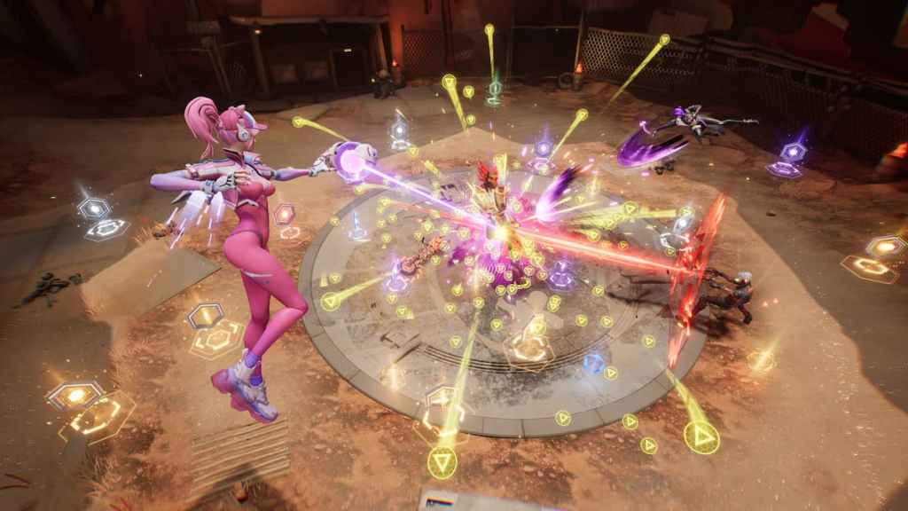 A female character shooting a ray at enemies, with gold and items scattering all around in Terminull Brigade.