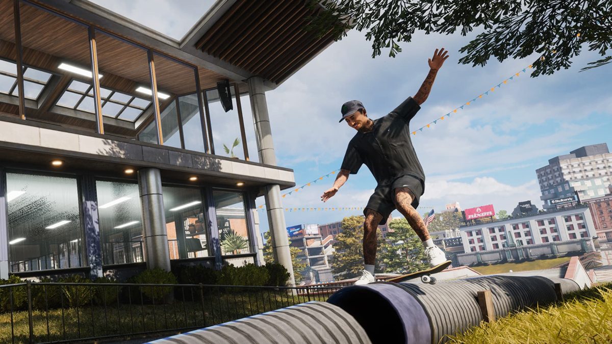 A man skating at the edge of a pipe next to a modern building in Tony Hawk's Pro Skater 3+4.