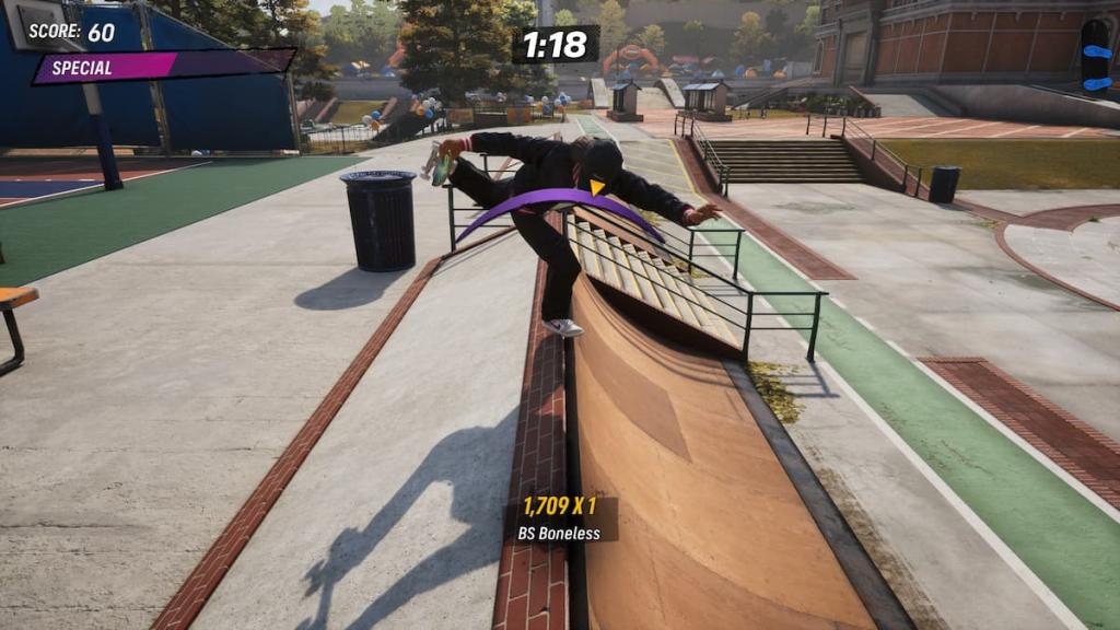 A skater standing on one leg and holding a skateboard to her heel in Tony Hawk's Pro Skater 3 + 4. 