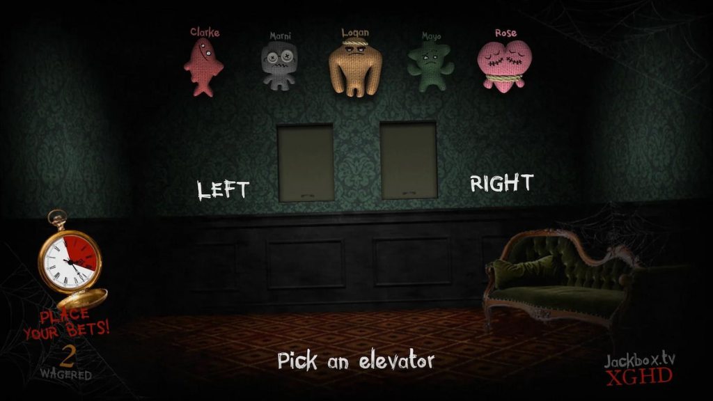 Five colored dolls choosing between two elevators in a dimly lit room in trivia murder party in jackbox