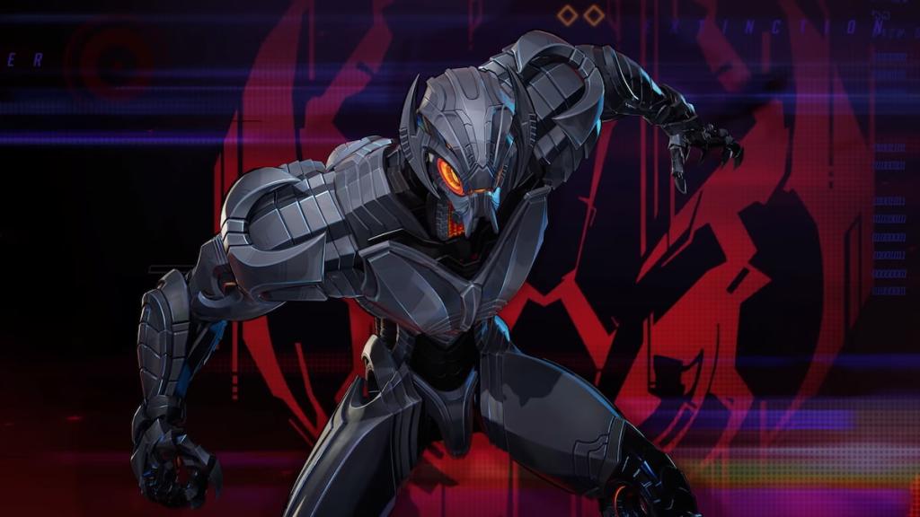 Ultron kneeling down in front of a red and black background in Marvel Rivals