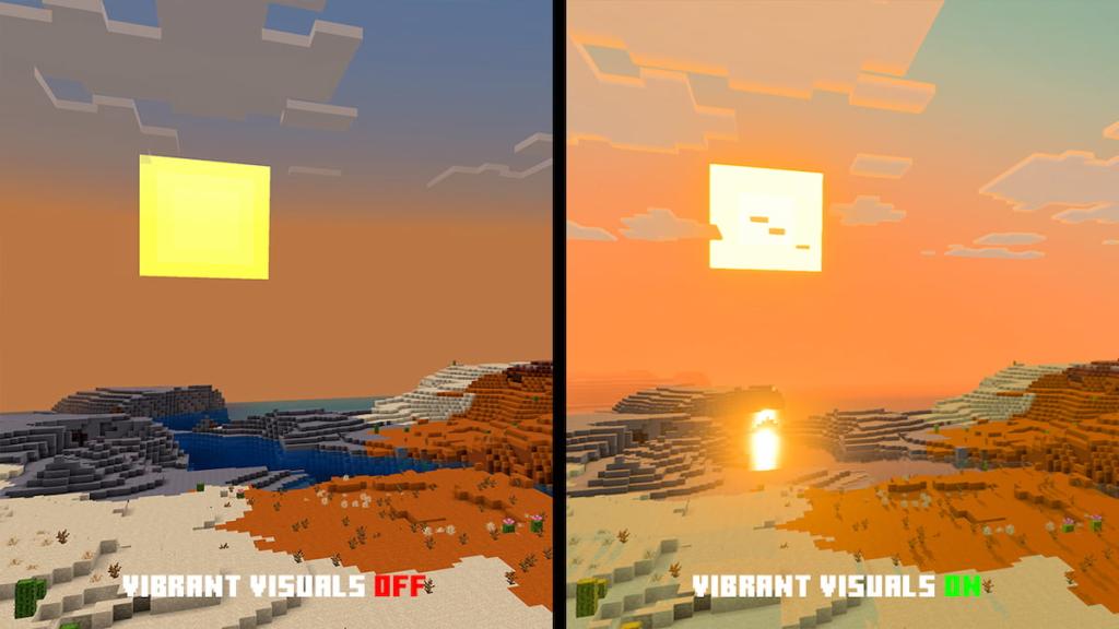 Vibrant Visuals on vs off in Minecraft