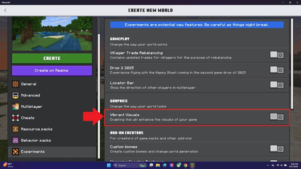Vibrant Visuals toggle in Minecraft
