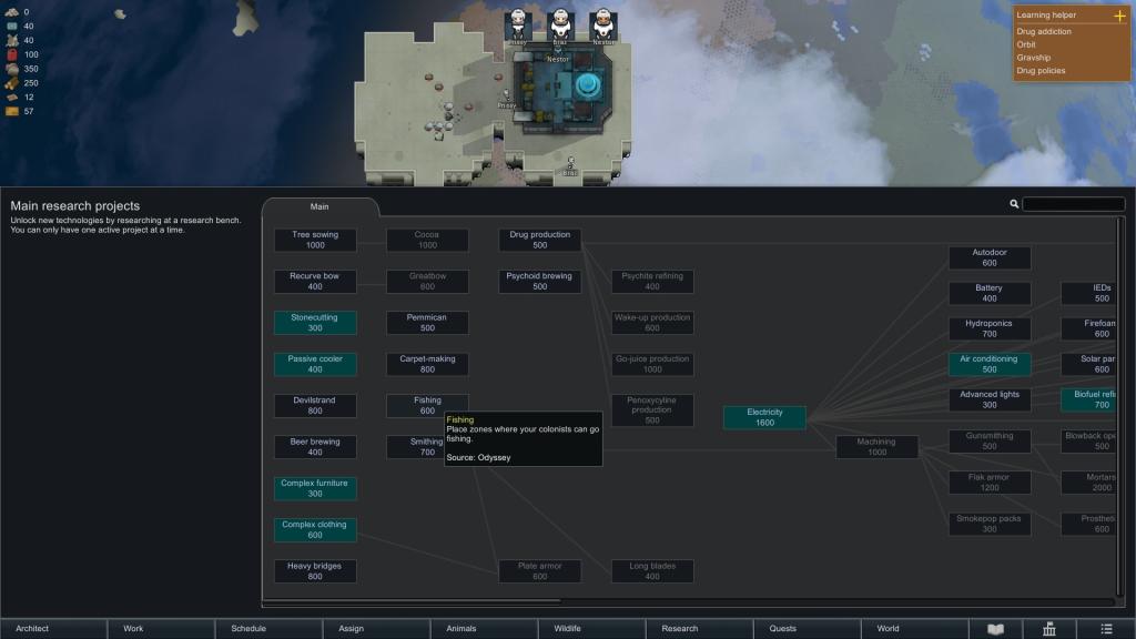 The Fishing node in the RimWorld Odyssey research tab