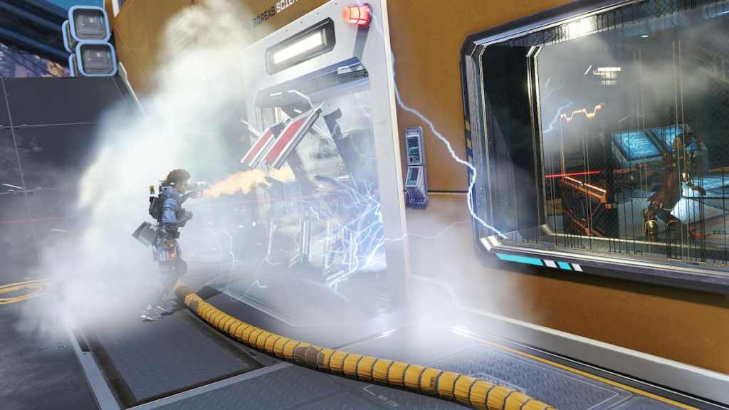 Bangalore uses her smoke through a door in Apex Legends.