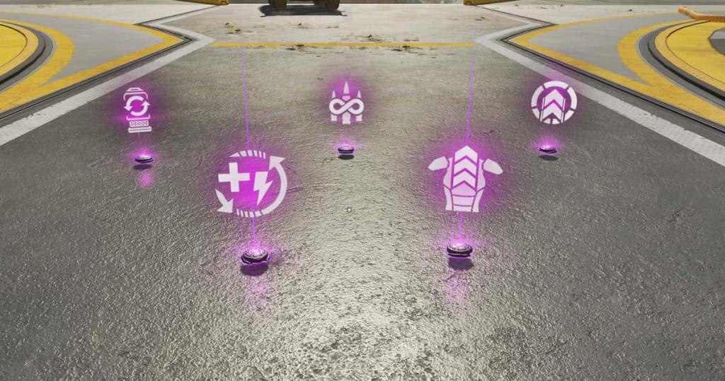 Five pick-ups on the floor in Apex Legends, each with a symbol above it.