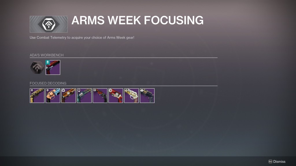 Ada-1's vendor menu during the hand cannon version of Arms Week
