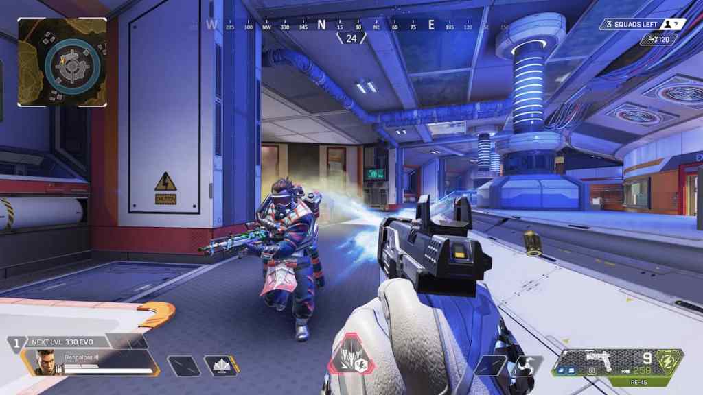 A Bangalore holding an RE-45 Elite in first person. The weapon clearly uses Energy ammo.