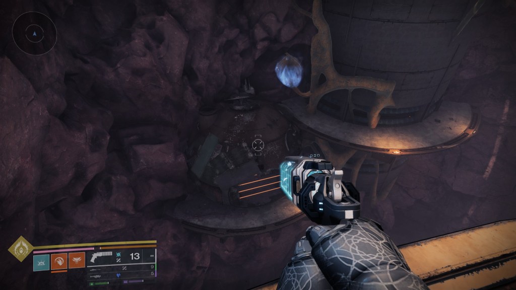 A guardian aims Graviton Spike close to a plant above a small Fallen hut.