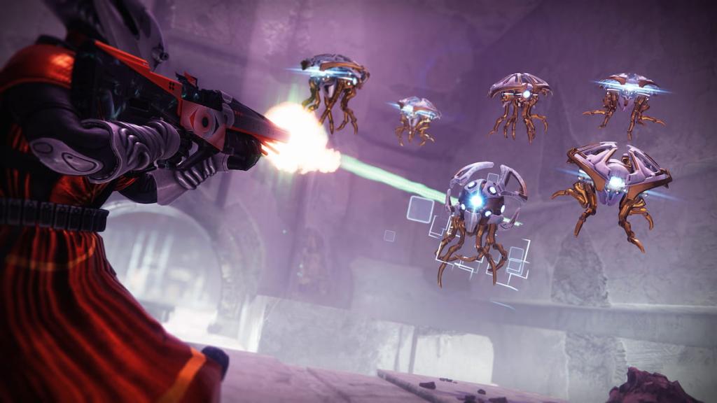 A Guardian shoots at a pack of Vex enemies.