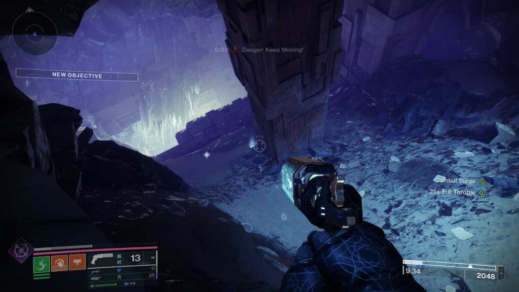 A data pad glows under a Vex beam inside an icy cave in Europa.
