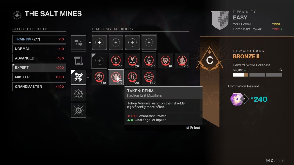 The Portal menu with a Taken-related Faction Unit Modifier added to the second mod slot.