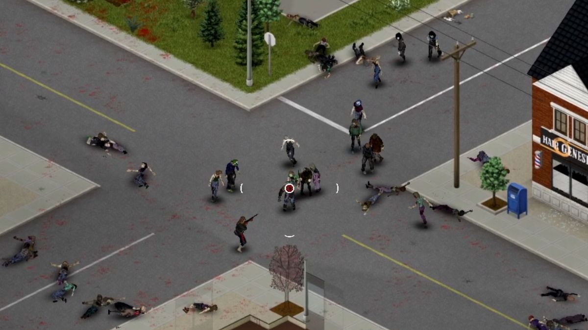 A player fights a small horde in Project Zomboid.