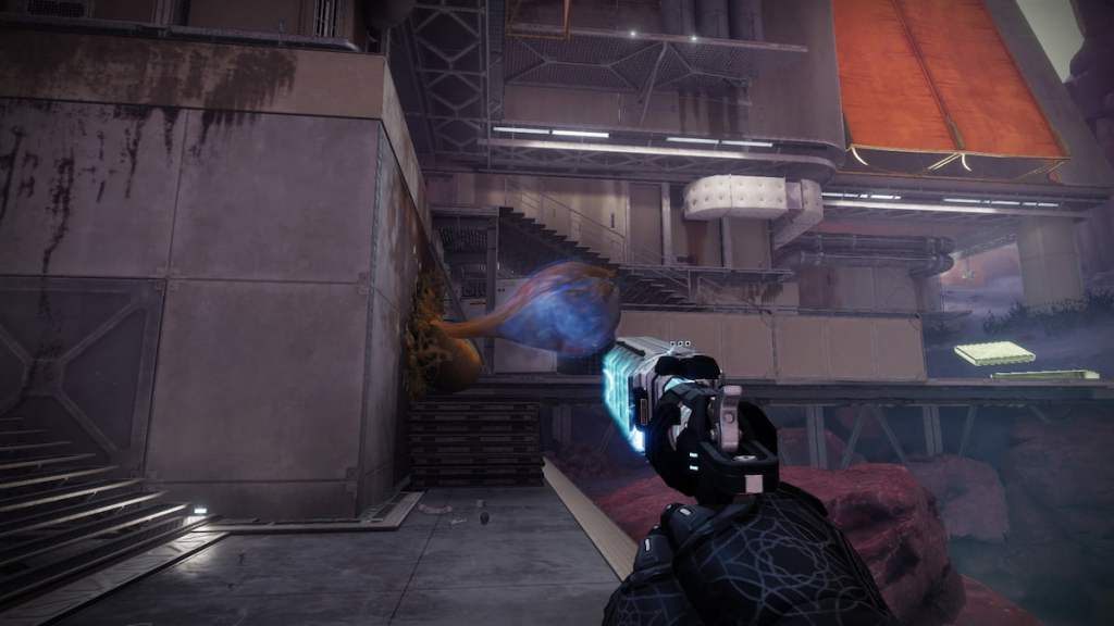 A guardian aims Graviton Spike at a bulbous arc-coated plant in Destiny 2's Edge of Fate.