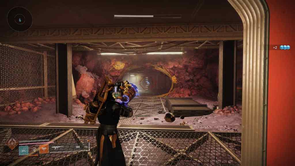 A guardian aims a Relocator at a pad behind some lasers.