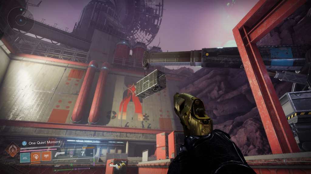 A guardian sees a Relocator launcher caught in a metal cage hoisted by a crane.