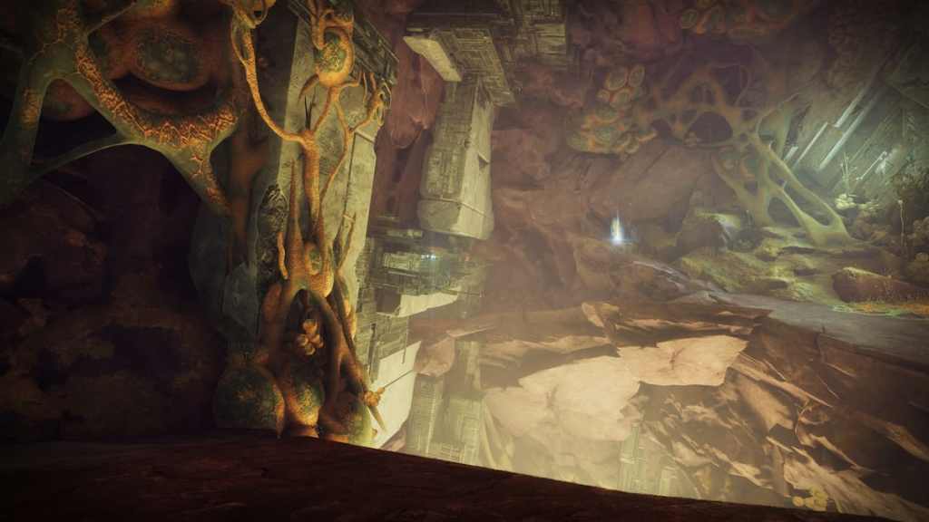 A guardian shows a small path below the wall in the Stellar Sink in Kepler.