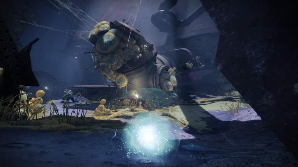 A Guardian in Matterspark runs past a pipe with fungus crawling out of it.