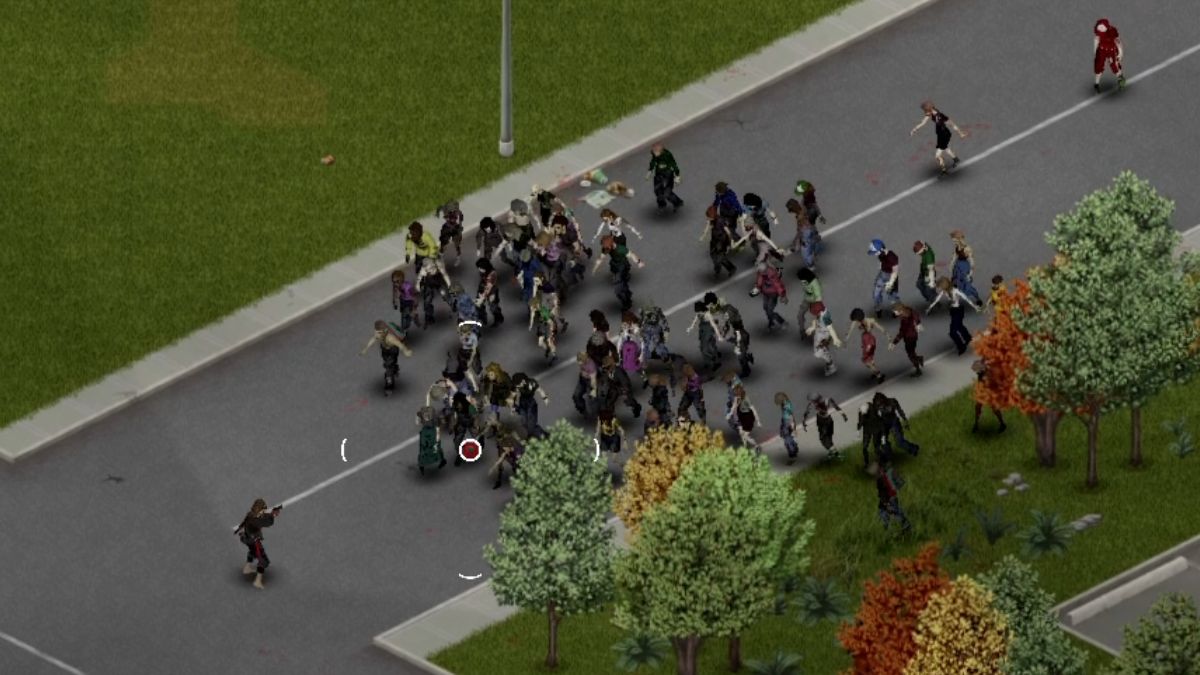 A player battles a sizable horde of zombies in Project Zomboid.