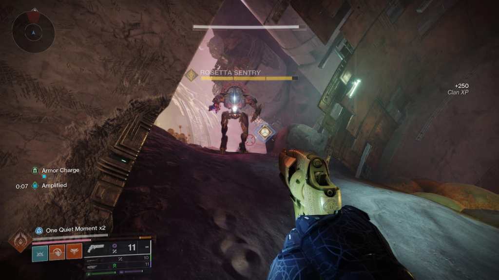 A guardian fights a Minotaur called a Rosetta Sentry inside the Stellar Sink.