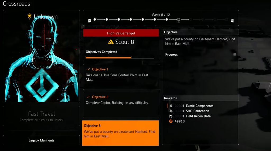 All three Scout Week 8 Manhunt objectives in The Division 2