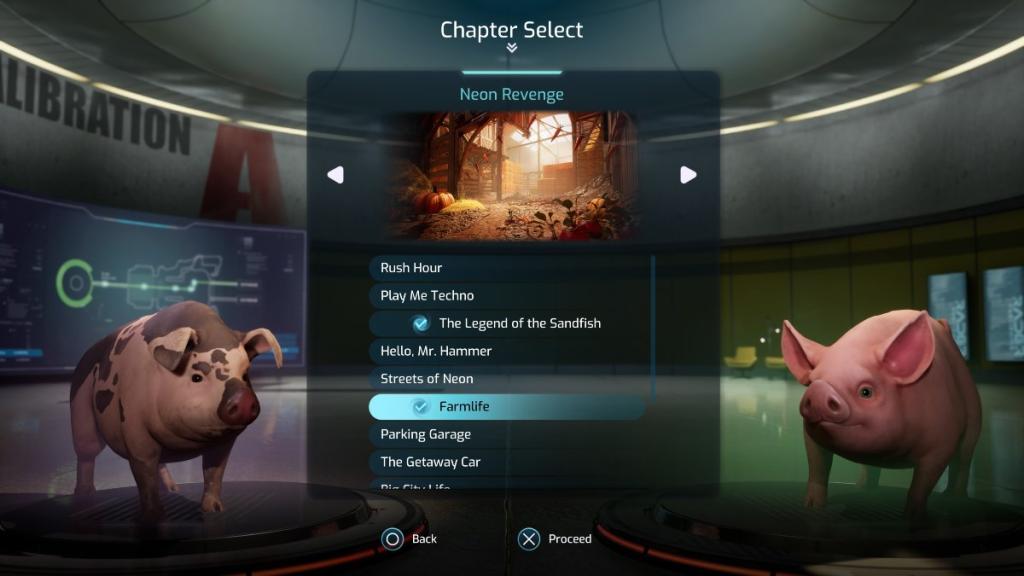 Split Fiction chapter select with Mio and Zoe as pigs