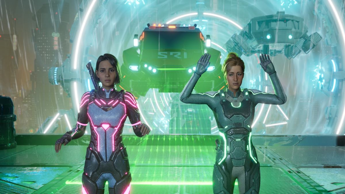 Mio and Zoe holding their hands up, surrendering to floating police car behind them