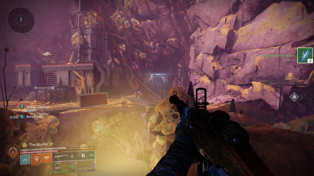 A guardian aims at a round door in the distance.