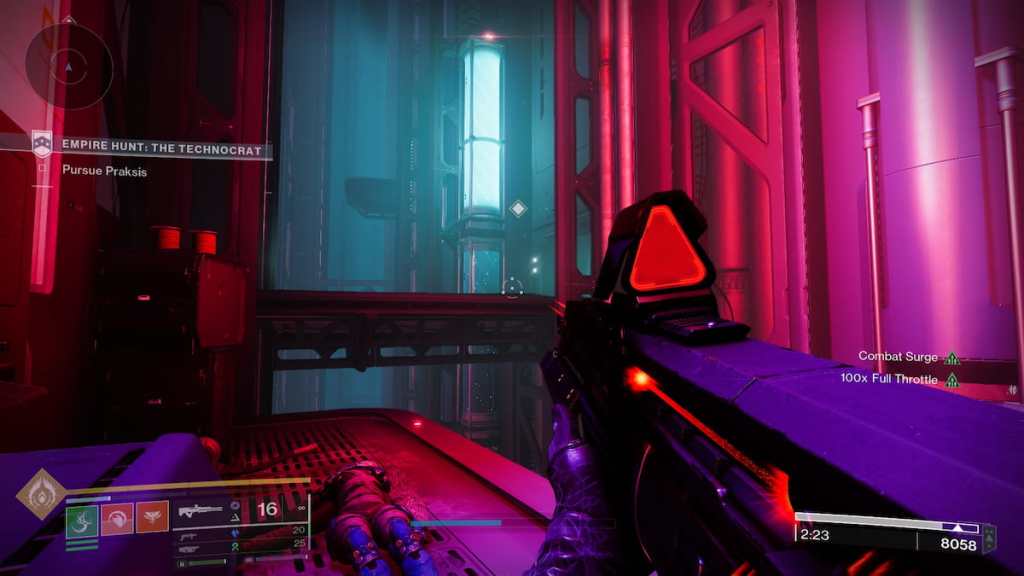 A guardian in a red-lit hallway sees a data pad on a balcony.