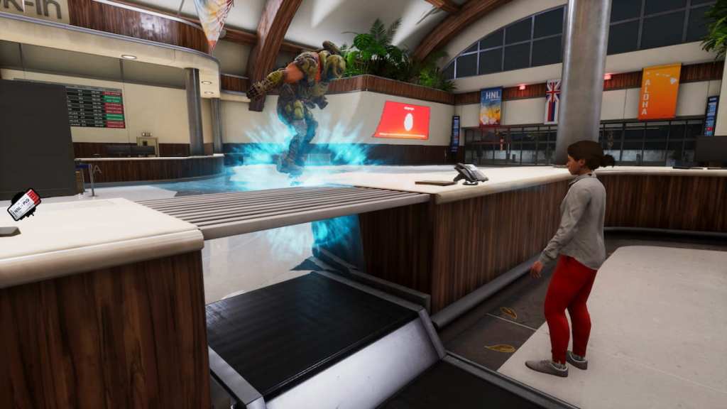 The Doom Slayer grinds on a ticket counter, grabbing the tickets off a woman with a white shirt and red pants.