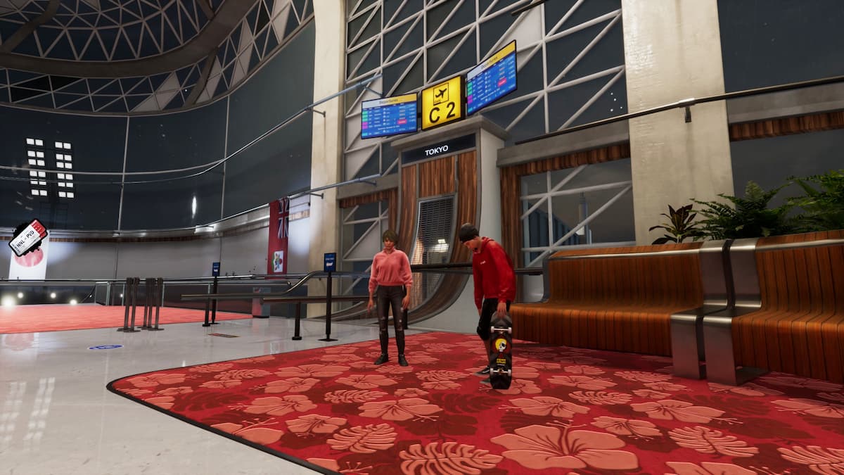 Two skaters by a boarding gate to Tokyo in Tony Hawk's Pro Skater 3+4 Airport level.