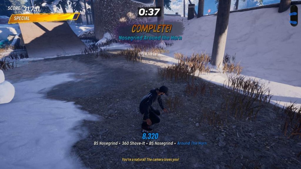 A skater lands a combo with Nosegrind and the Around the Horn gap, completing the matching objective.