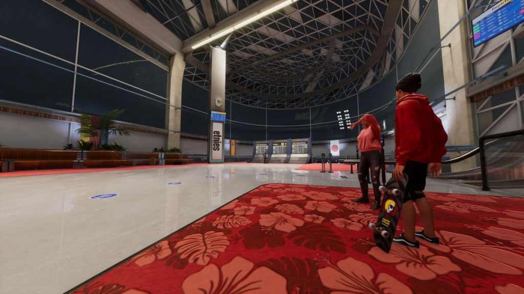 Two skaters stand by a boarding gate in Tony Hawk's Pro Skater 3+4's Airport level. A German flag is visible across from them.