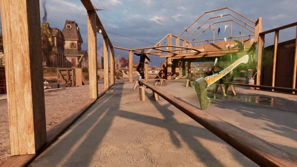 A skater grinds a rail near a construction site, with an axe visible at the end of the grind.