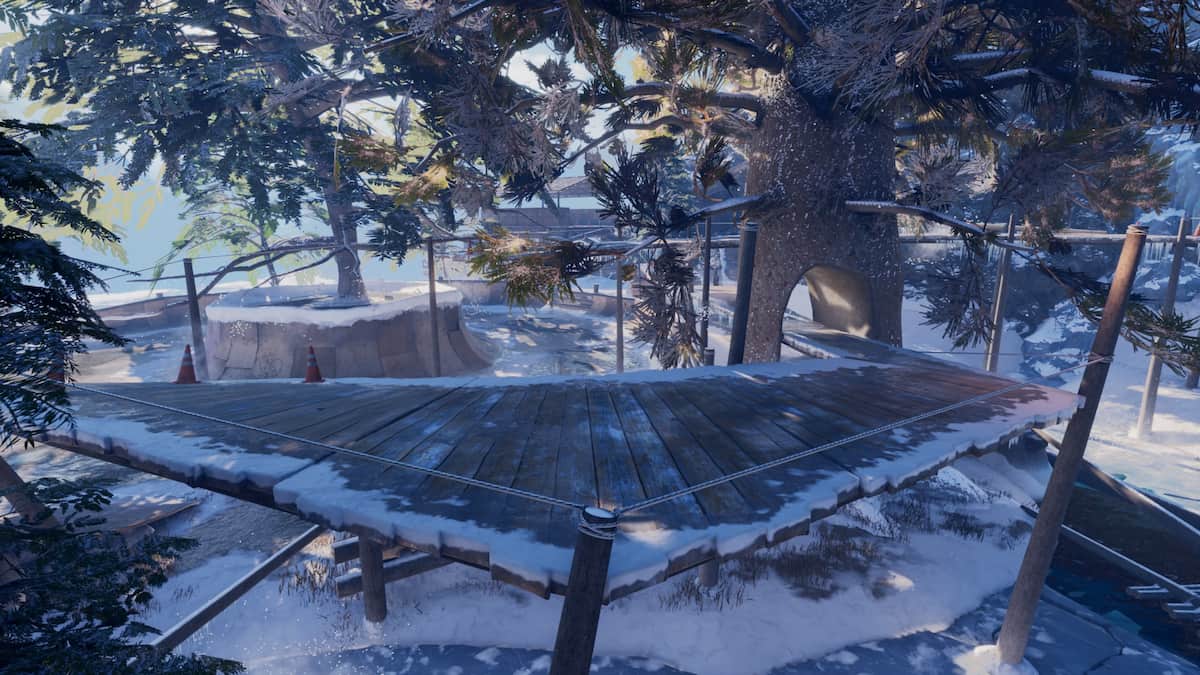 A section of the Canada track in Tony Hawk's Pro Skater 3+4, with a tree with a hole in it standing in the foreground.