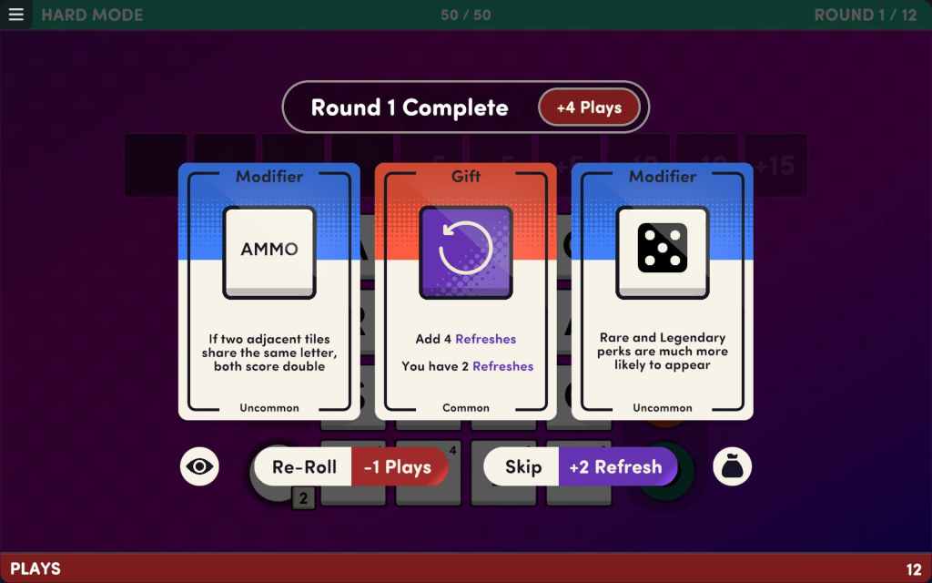 A screenshot from Word Play, showing three reward options after a round: two modifiers and a gift.