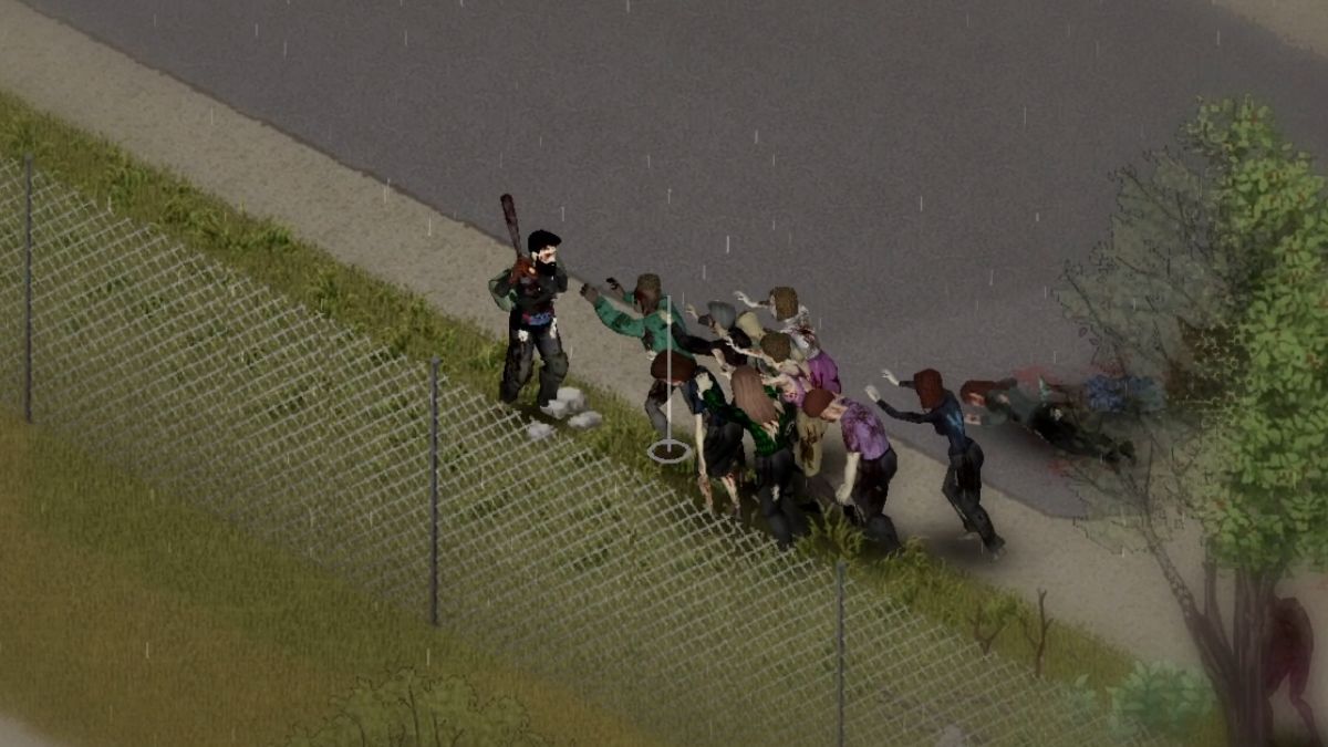 Zombies attack a wounded player in Project Zomboid.