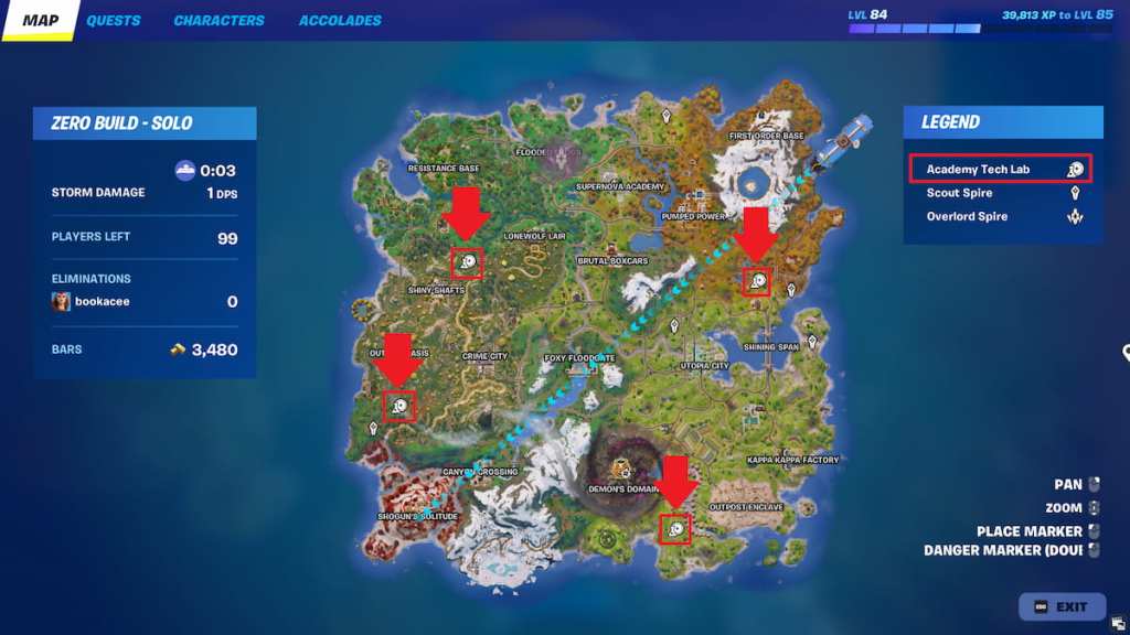 Four Academy Tech Lab icons marked on a map in Fortnite