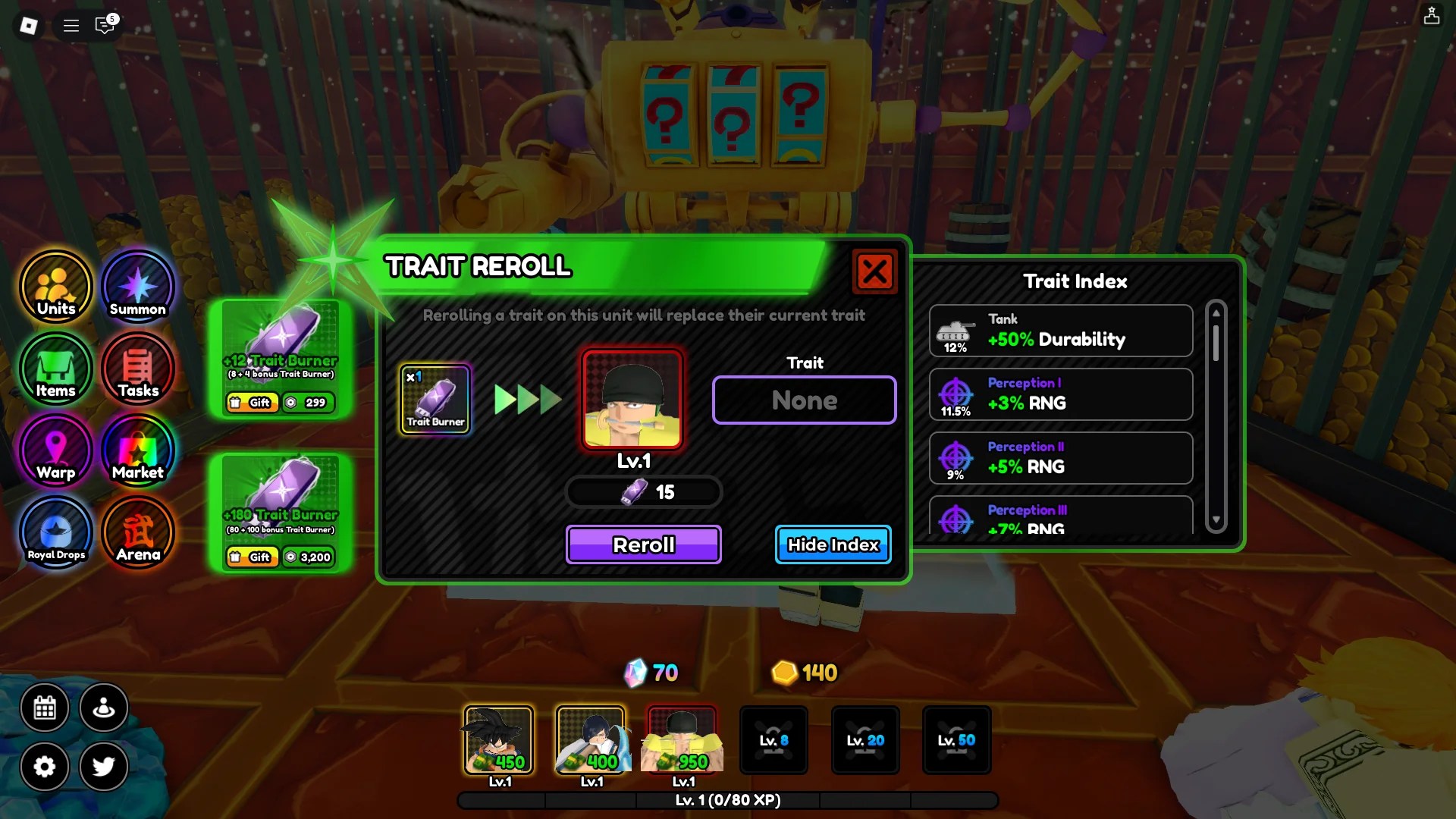 Preview of the reroll traits menu in All Star Tower Defense X Roblox experience.