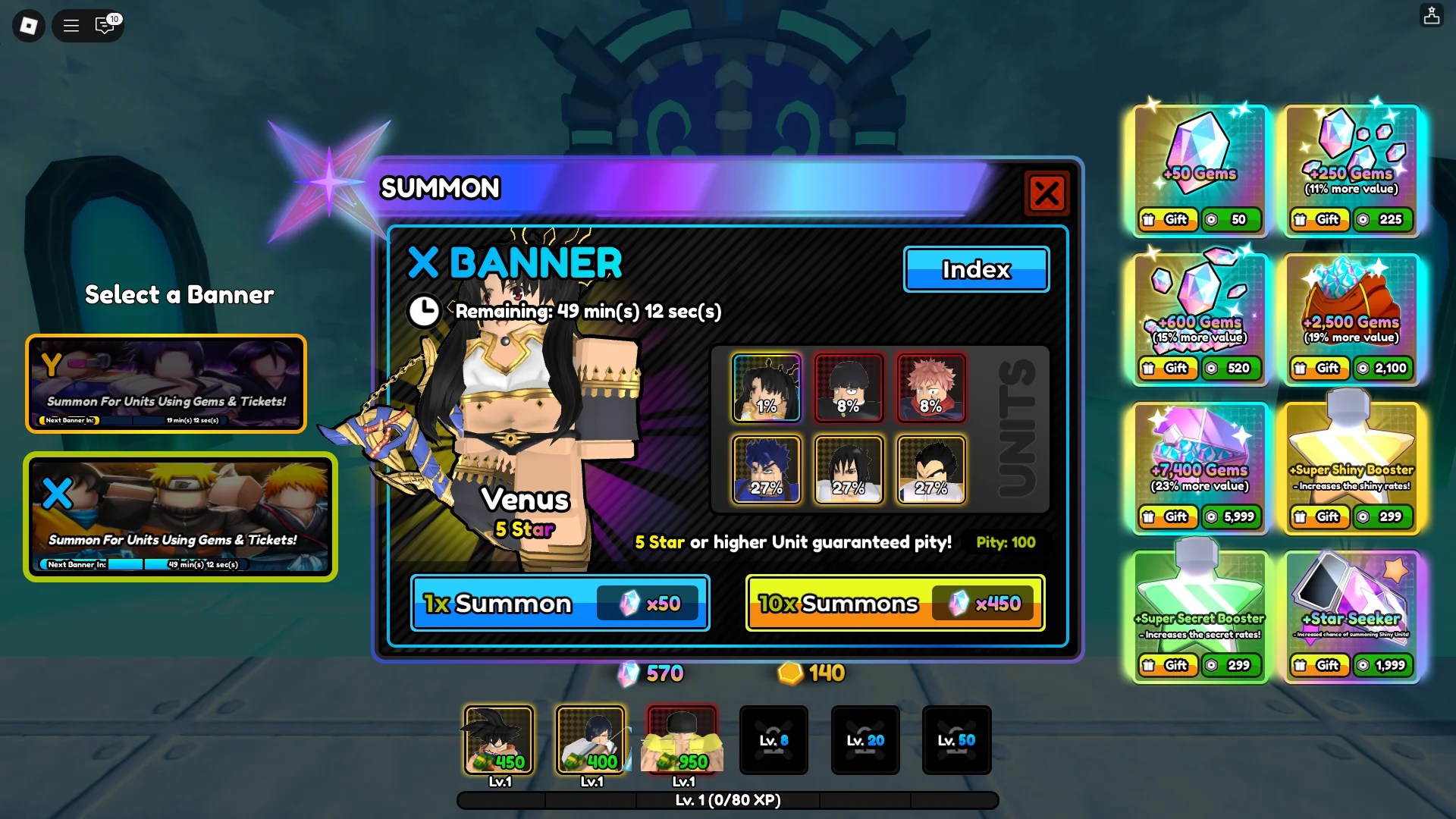 Preview of the summon banner menu in All Star Tower Defense X Roblox experience.