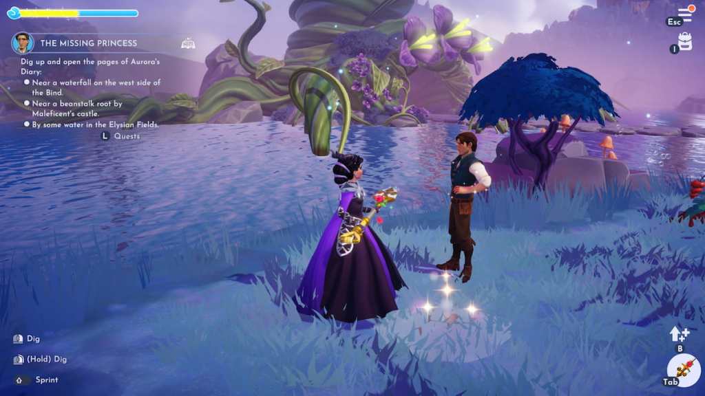 A character holding a golden shovel standing by a sparkling dig spot in disney dreamlight valley