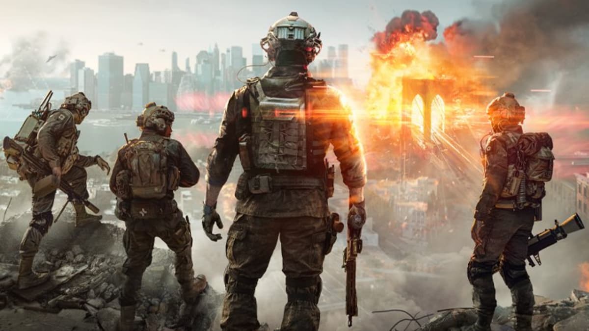 Several men standing and watching at an explosion in the distance in Battlefield 6.