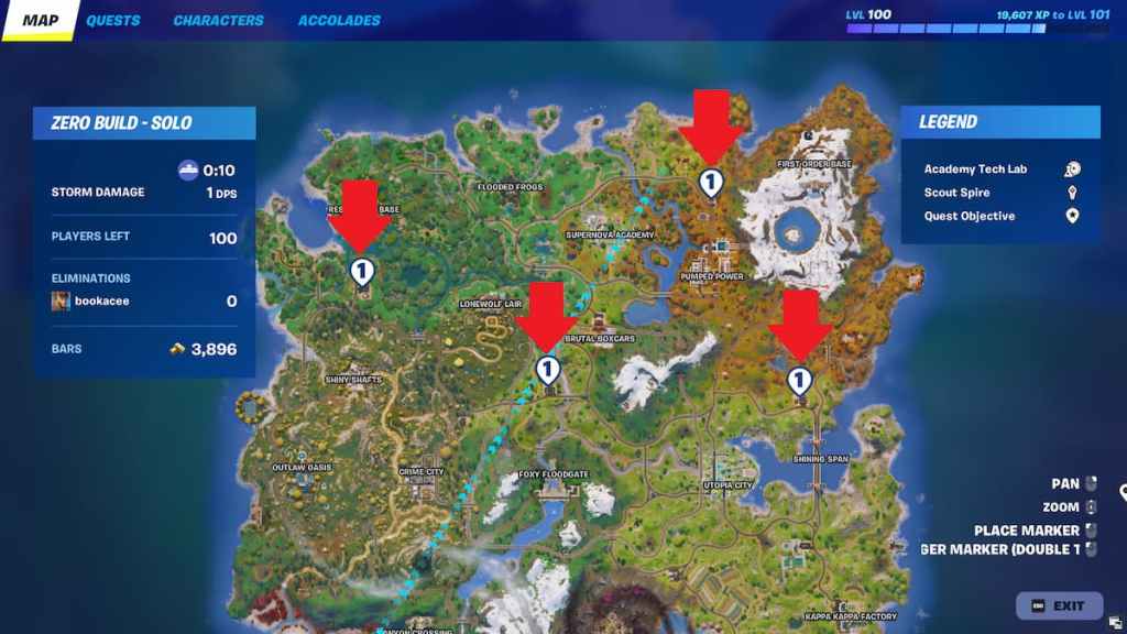 All four burd to go gas stations marked on a map in fortnite