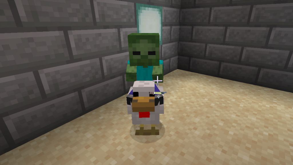 A baby zombie riding a chicken in minecraft