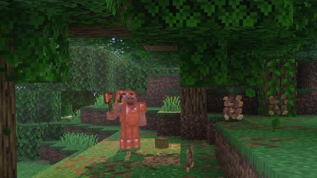 Chopping down tree with copper axe in minecraft