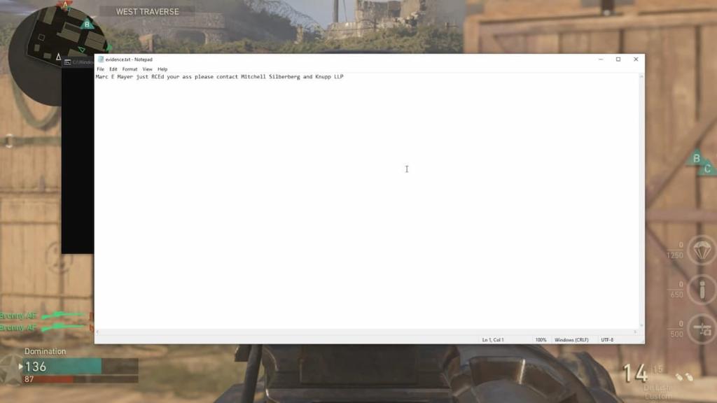 Notepad opened during a game of COD WW2 via hacks.