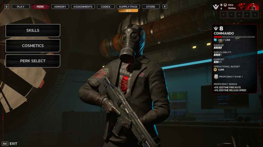 A man in a suit and a gas mask standing with a gun in his hands in Killing Floor 3. 