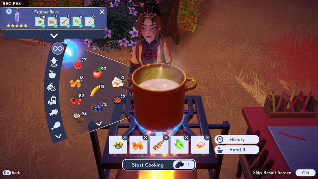 Cooking feather balm in disney dreamlight valley