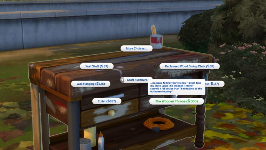 The option to craft the wooden throne on a brown woodworking table in the sims 4